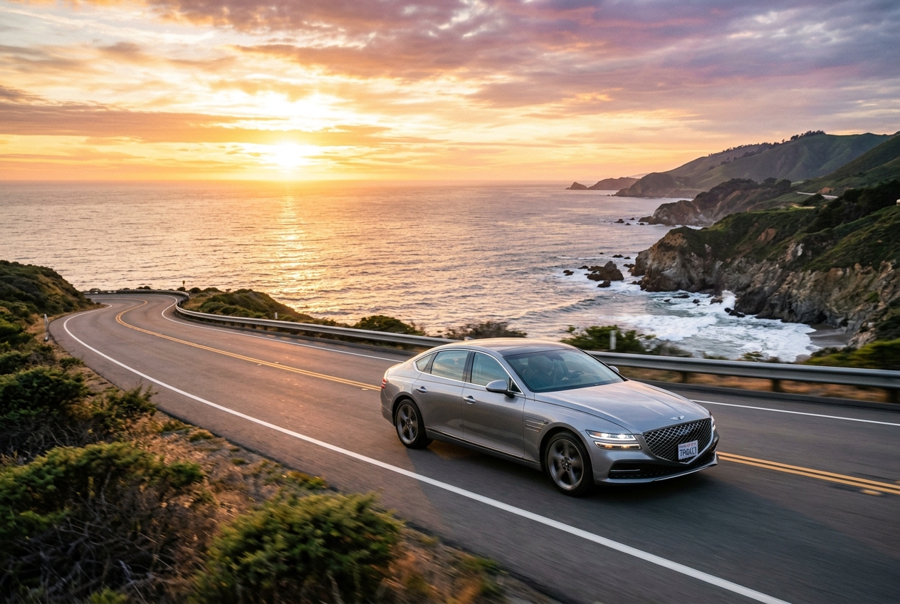 Modern automobile driving along a scenic coastal road