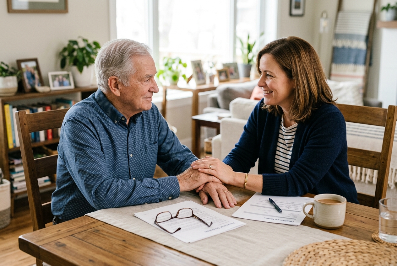 Caring family members reviewing protection paperwork
