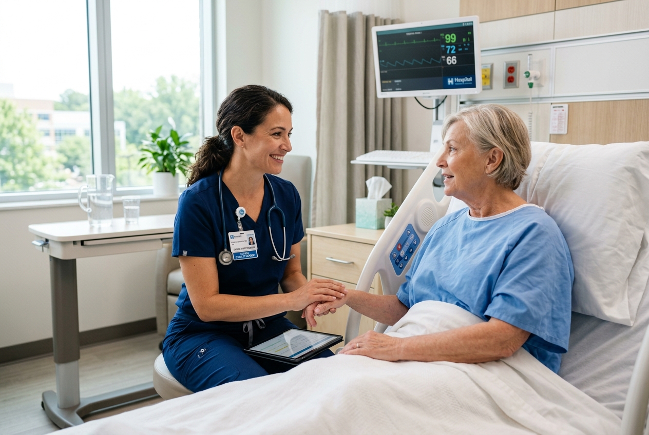 Medical professional helping a patient in a bright room