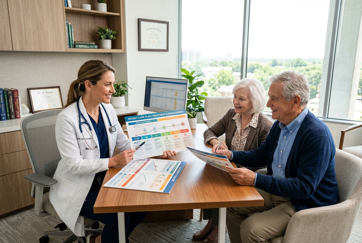 Healthcare specialist meeting with a patient in a modern facility
